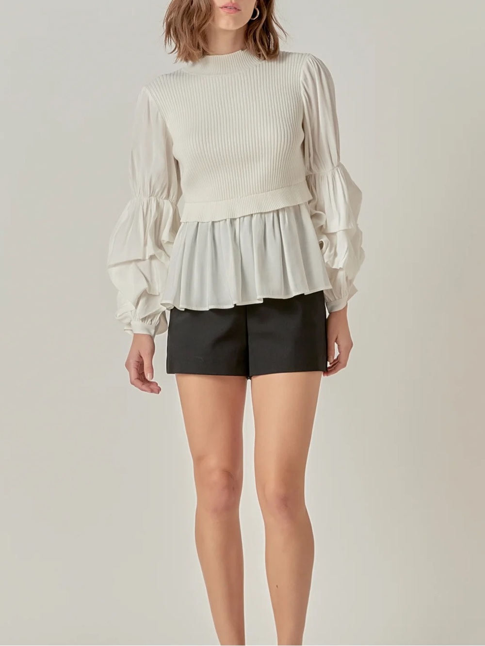 English Factory Mixed Media Scallop Detail Vest Puff Long Sleeve Shirt Womens M